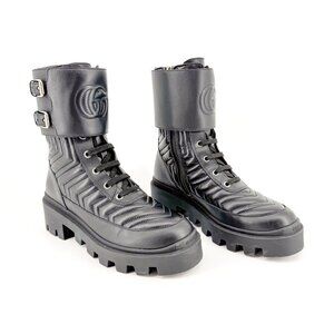 Gucci Frances GG Lug Combat Boots EU 36 US 6 Black Matelasse Quilted Leather